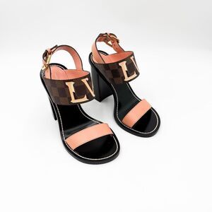 Louis Vuitton LV Logo Damier Ebene Block Heel Sandals Pink Leather Slingback